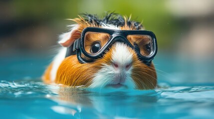 Fototapeta premium A guinea pig wearing goggles swims in a pool.