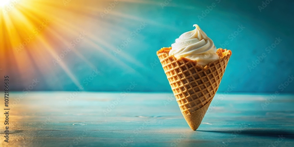 Aufkleber a single ice cream cone with a light and creamy vanilla ice cream filling, resting on a blue wooden 