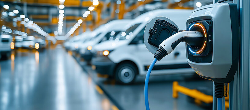 electric vehicle charging station is connected in modern warehouse filled with delivery vans, showcasing shift towards sustainable transportation