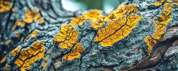 Close-up of tree bark adorned with vibrant yellow lichen.