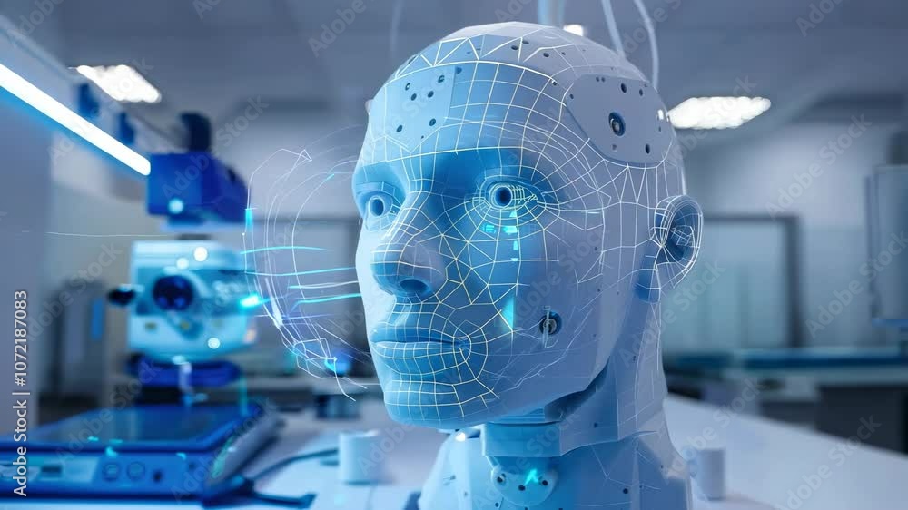 Poster futuristic robot head model in technology lab setting