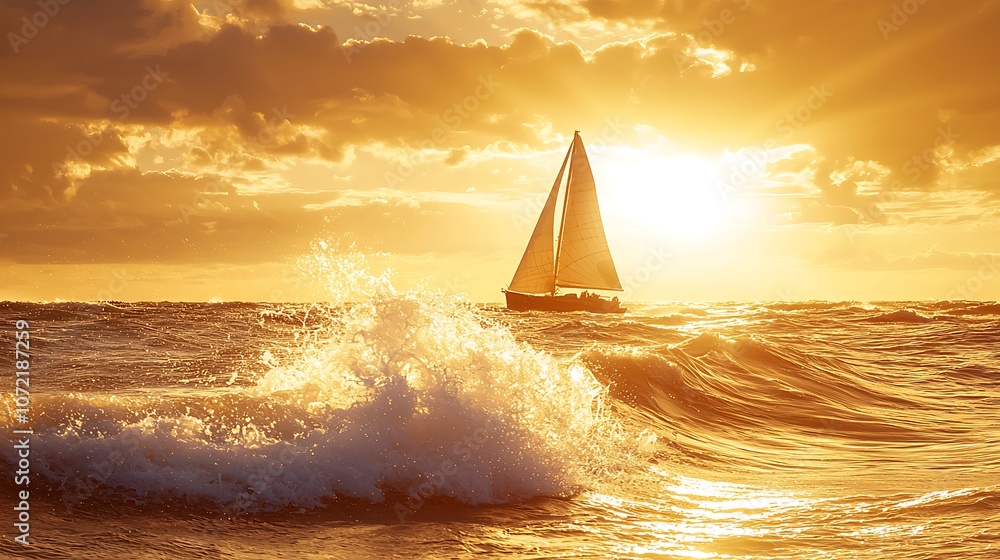 Poster dynamic high-speed action shot of a sailboat captivating the sunset on a tranquil ocean with waves a