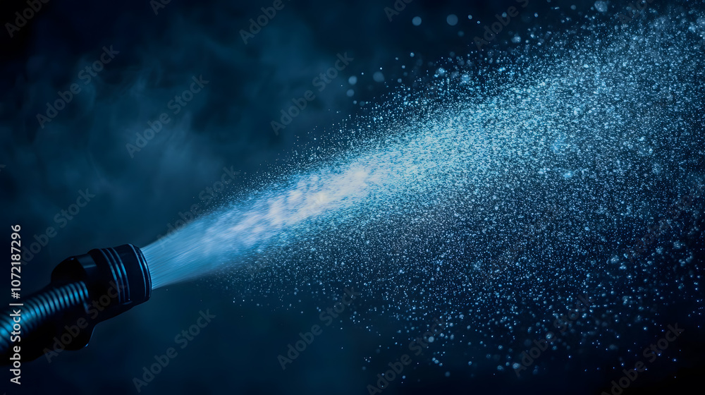 Poster high-resolution water spray from hose, creating ethereal mist and dynamic water droplets in a dramat