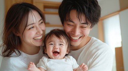 Obraz premium Young happy parents with their baby smiling in cozy living room. joyful family moment captures love and warmth, showcasing their strong bond