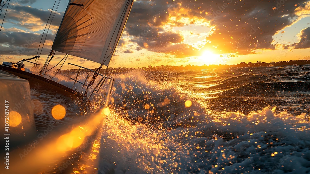 Poster dynamic high-speed action shot of a sailboat cutting through waves at sunset with golden light refle