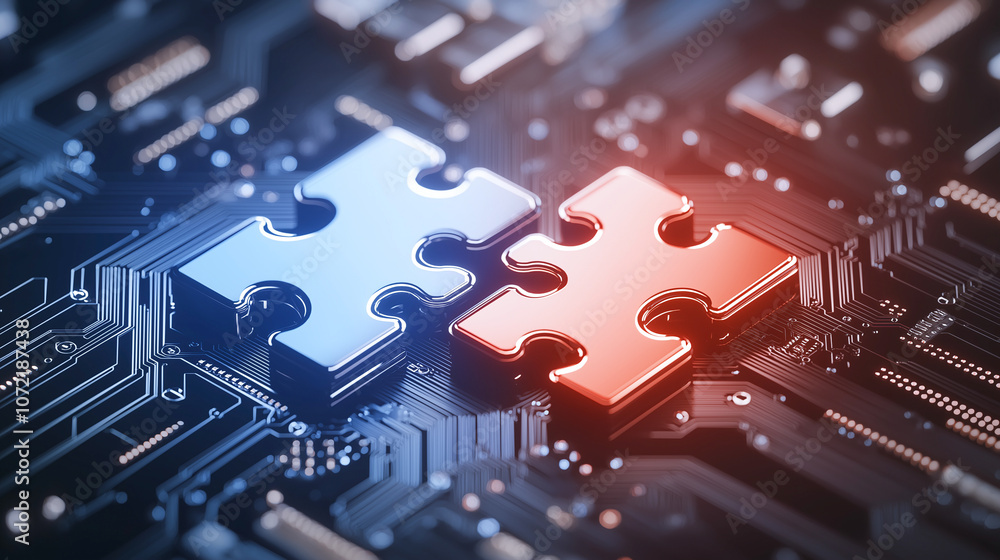 Poster digital puzzle pieces in red and blue on circuit board background symbolize connection and technolog