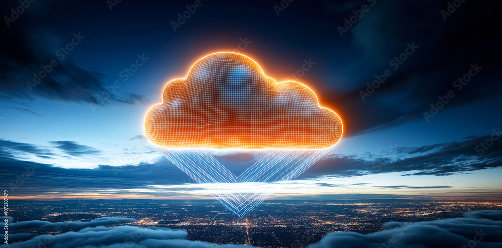 Poster 3d rendering of cloud network over city skyline, showcasing digital connectivity and data transfer. 