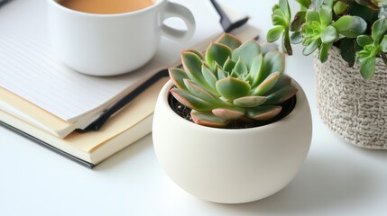 White desk with a single succulent plant, a cup of coffee, and a notebook, creating a clean, serene workspace.