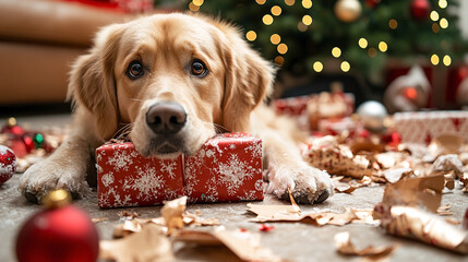 puppy at Christmas chewing presents, Christmas time.