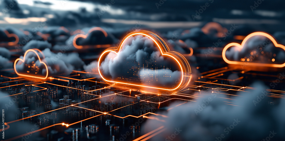 Poster 3d rendering of cloud technology with glowing orange lines and clouds