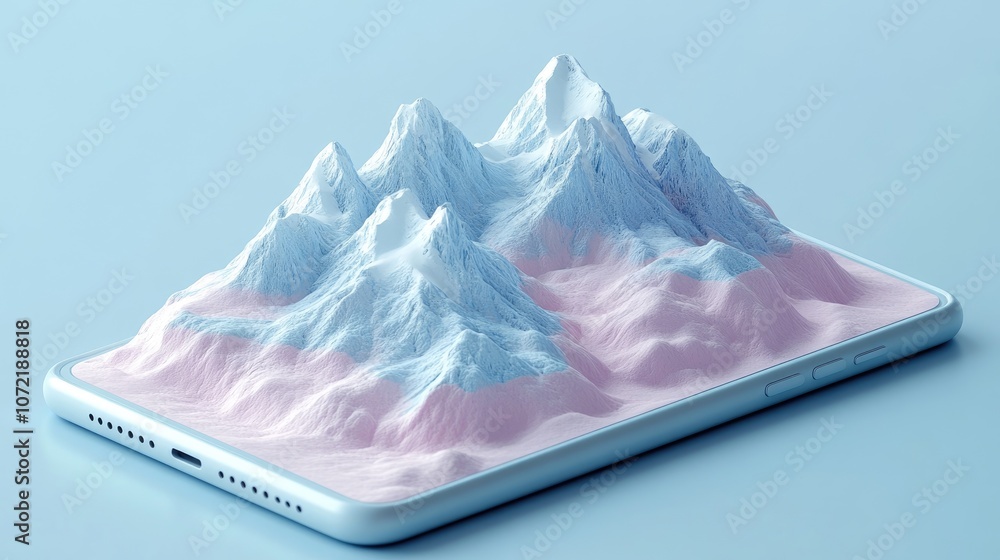 Poster a 3d rendering of a smartphone with a mountain range rising from the screen. the mountains are a lig