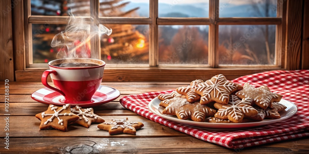 Poster A steaming cup of coffee and gingerbread cookies on a wooden table with a rustic window in the background
