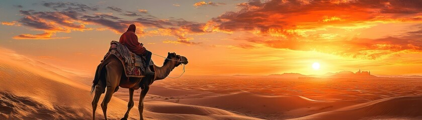 Camel silhouette, rolling desert dunes within, double exposure, warm sunset tones, solitude