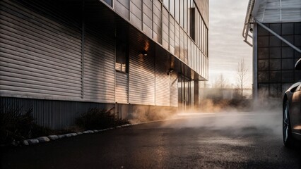 Obraz premium Industrial building exterior with rising steam at dusk
