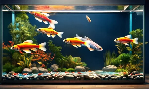  fish aquarium with many colorful koi carps in the water 
