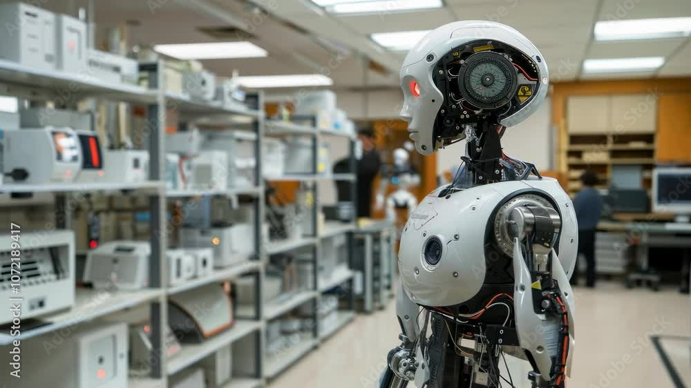 Poster advanced humanoid robot in a modern technology laboratory setting