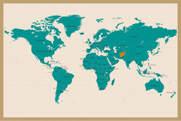 World Map Highlighting the Afghanistan.Afghanistan map.