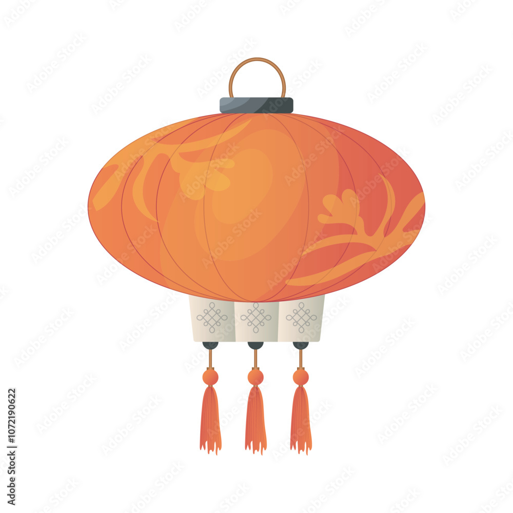 Poster chinese lantern in flat design. round shape of red paper lamp with tassels. vector illustration isol