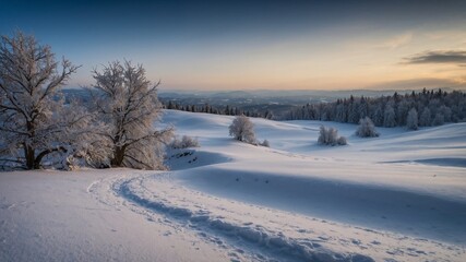 Obraz premium Paesaggio innevato al tramonto con alberi ghiacciati e colline ondulate