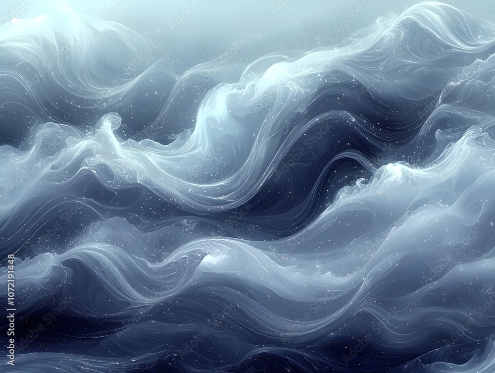 Poster a mesmerizing abstract depiction of ocean waves, featuring shades of blue and white with fluid, swir