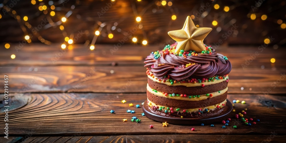 Poster a chocolate cake with a golden star topper and colorful sprinkles on a rustic wooden table with a bl