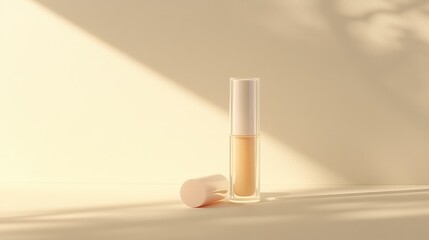 Translucent lip balm container, resting on a light beige surface with a subtle reflection.