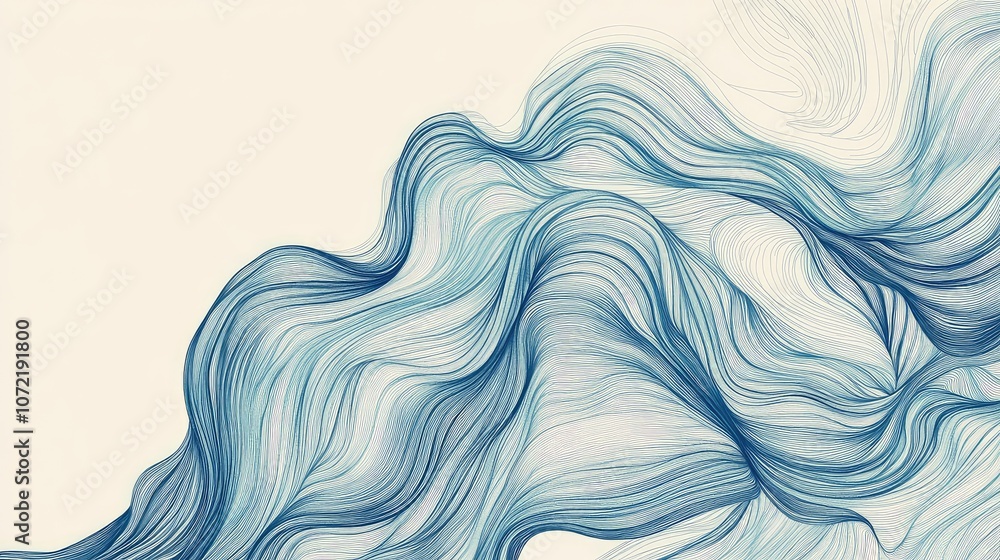 Poster abstract line art of flowing waves, using continuous and curved lines on a plain background.