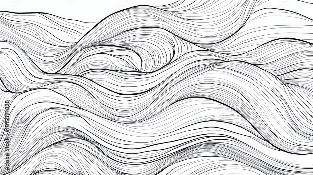 Poster abstract line art of flowing waves, using continuous and curved lines on a plain background.