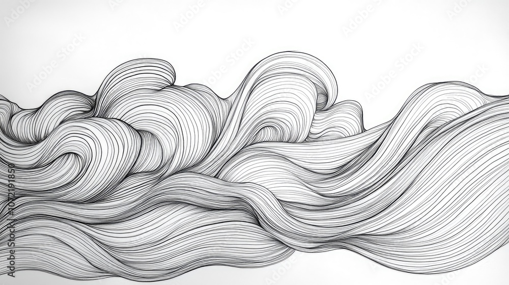 Poster abstract line art of flowing waves, using continuous and curved lines on a plain background.