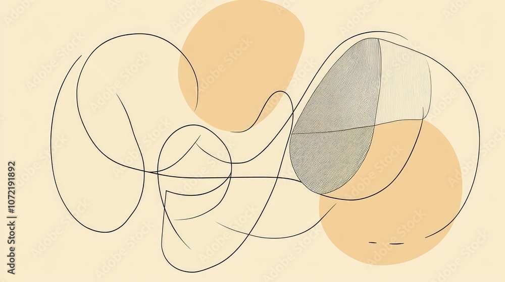 Poster abstract line art of intertwined circles and shapes, creating a balanced minimalist composition.