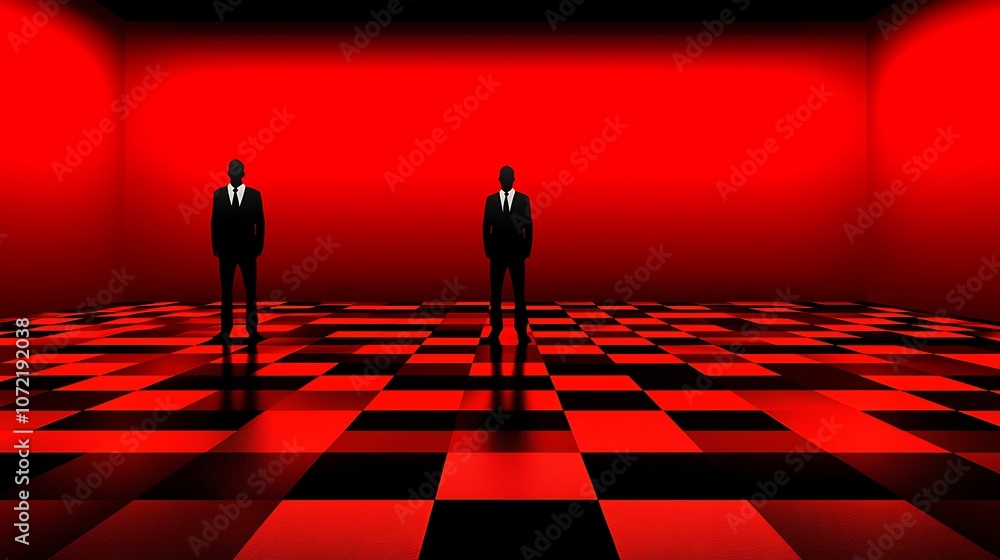 Poster two silhouetted figures in formal attire standing on a striking red and black checkerboard floor in 