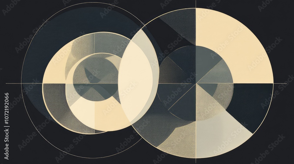 Poster geometric abstract line art of overlapping circles and triangles, creating modern minimalist shapes.