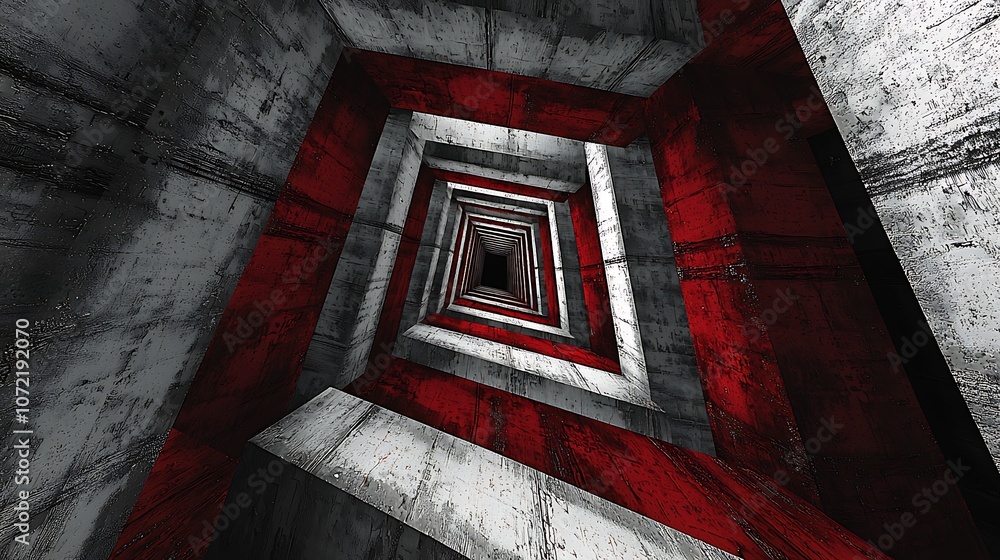 Poster abstract art installation featuring red and black geometry in a dynamic perspective within an enigma