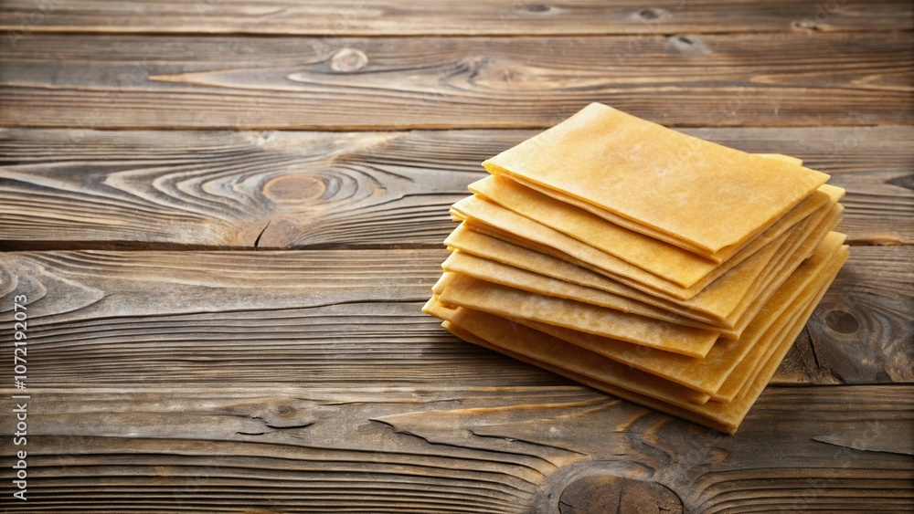 Poster A stack of thin dough sheets, ready for culinary adventures, sits on a rustic wooden surface.