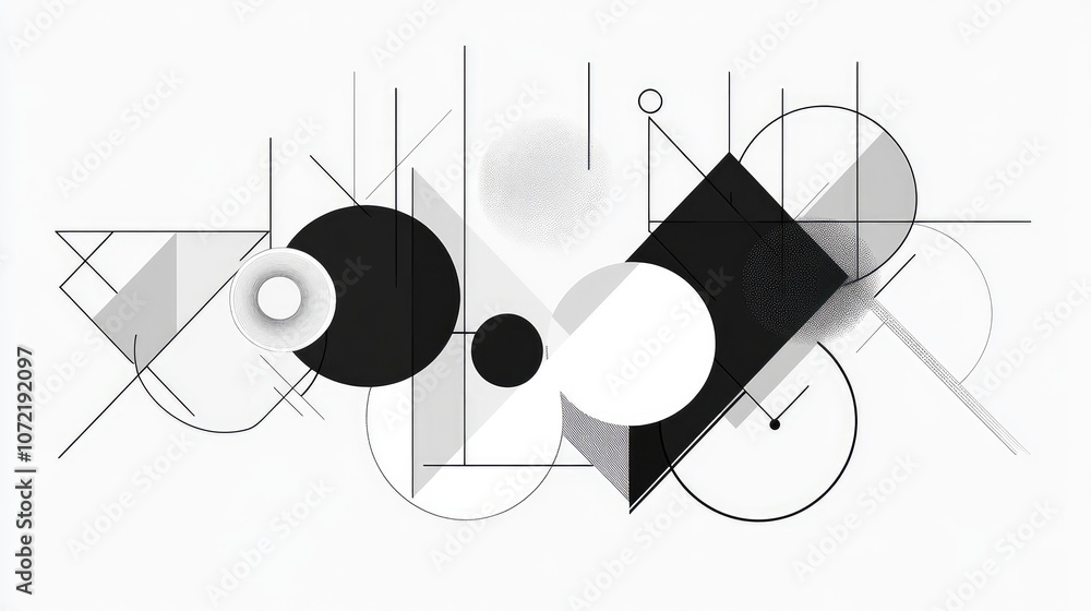 Poster geometric abstract line art of overlapping circles and triangles, creating modern minimalist shapes.
