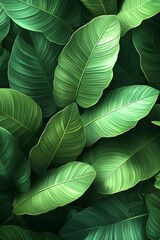 Obraz premium A lush arrangement of vibrant green banana leaves, showcasing their textured patterns and rich hues in a captivating natural aesthetic.