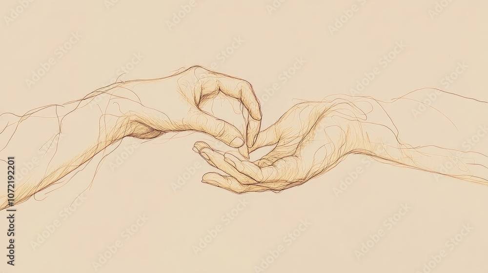 Poster line art of intertwined hands, drawn with a single line on a subtle colored background.
