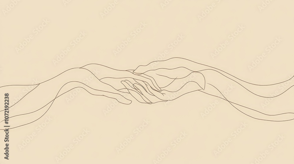 Aufkleber line art of intertwined hands, drawn with a single line on a subtle colored background.