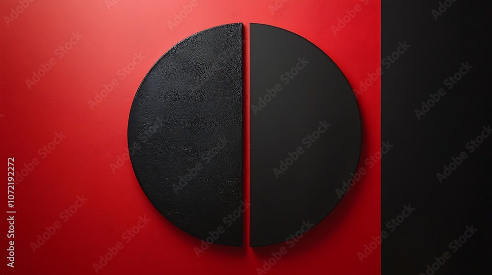 Poster minimalist design featuring symmetrical elements with contrasting red and black colors creating a bo