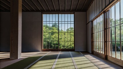 Obraz premium Minimalist Japanese-style room with large windows overlooking lush green trees