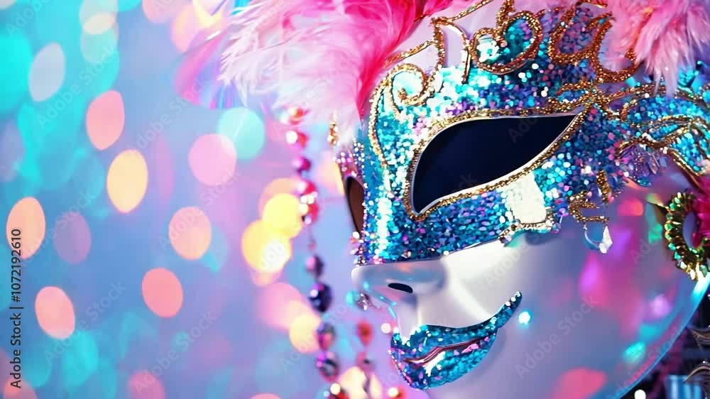Poster a striking masquerade mask shines with colorful glitter and feathers, emphasizing its craftsmanship 