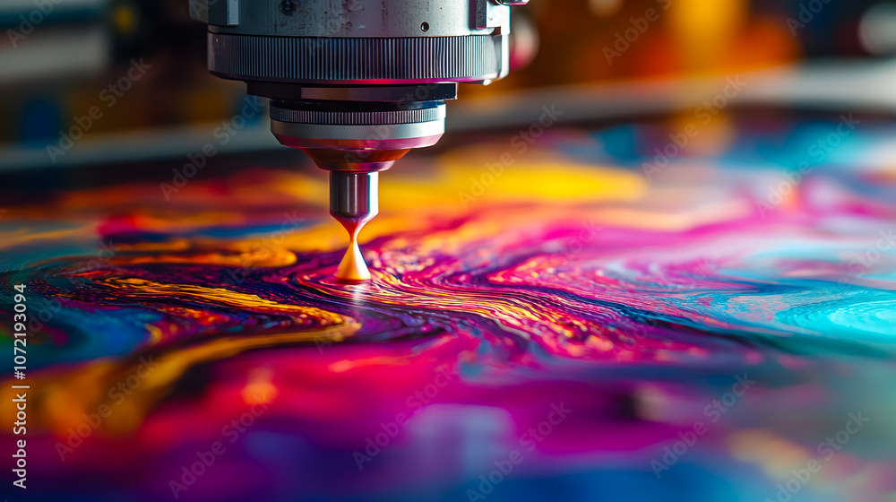 Poster vibrant fluid dynamics in high-resolution macro shot of a precision nozzle creating colorful abstrac