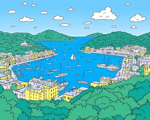 Naklejka premium Vibrant coastal landscape with sailing boats and lush green hills under a bright blue sky.