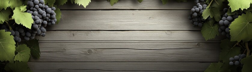 Obraz premium A wooden background adorned with grapes and leaves, ideal for wine-related themes.