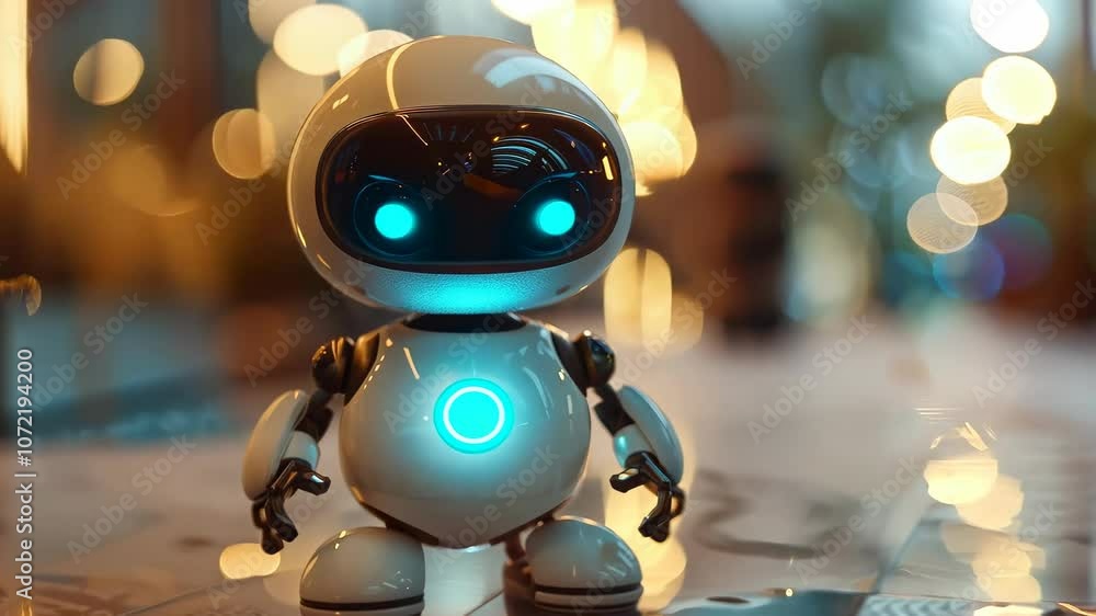 Poster cute robot character in a modern urban setting with bokeh lights
