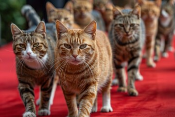 A group of cats walking on a red carpet
