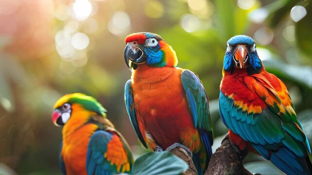 Vibrant parrots perched together in a lush tropical setting