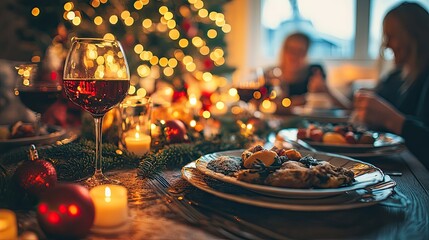 A close-up of a Christmas dinner table with a plate of food and a glass of red wine in the foreground. The family is enjoying their meal in the background with a decorated Christmas tree