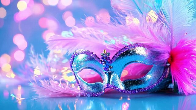 An artistic masquerade mask adorned with vibrant feathers and glitter catches the light, evoking a festive carnival atmosphere