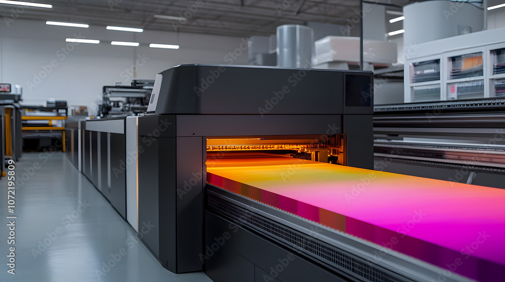 Poster high-tech digital printing machine in modern print shop producing vibrant colorful materials on a pr